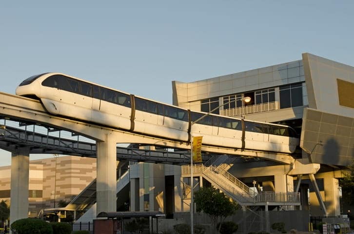 The Las Vegas Monorail leaving a station.