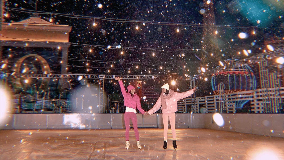 Two women ice skating at the Cosmo in Vegas