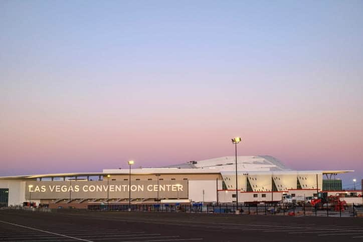 The exterior of the Las Vegas Convention Center at dusk. 