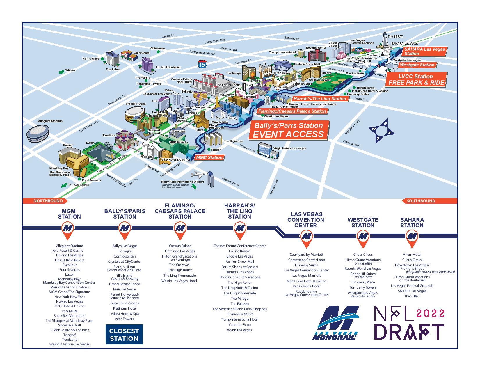 NFL Draft 2022 event map with Las Vegas Monorail route map