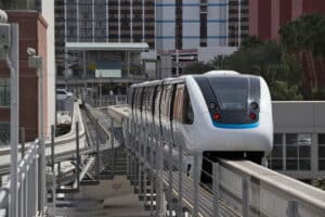 The Las Vegas Monorail riding the train tracks.