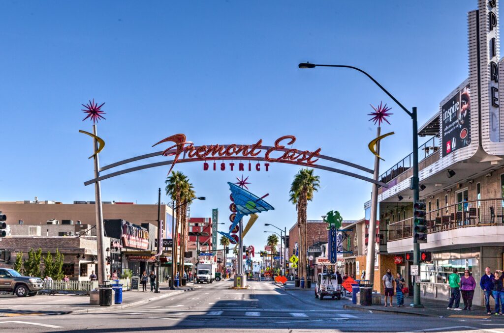 The Iconic Fremont East District Gateway Arch Sign Spanning The Street In Downtown Las Vegas, Nevada.