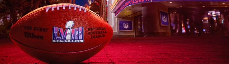 A football with Super Bowl LVIII and a trophy on it. 