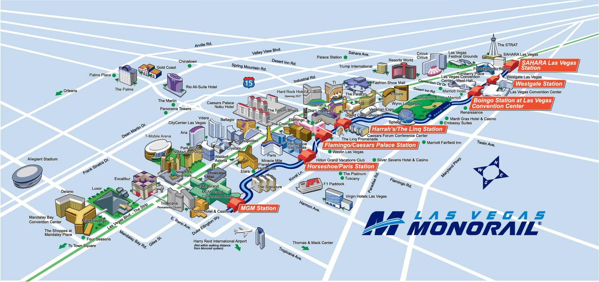 About The Las Vegas Monorail 1 A Map Of The Entire Las Vegas Strip Featuring All Hotel/Casino Properties, Major Landmarks, And The Las Vegas Monorail Route And Stations.