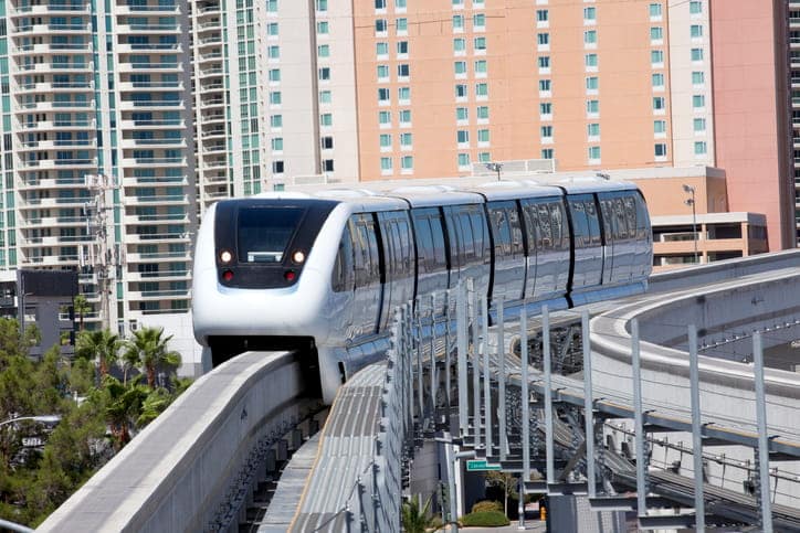 A monorail on a track providing transportation in Las Vegas