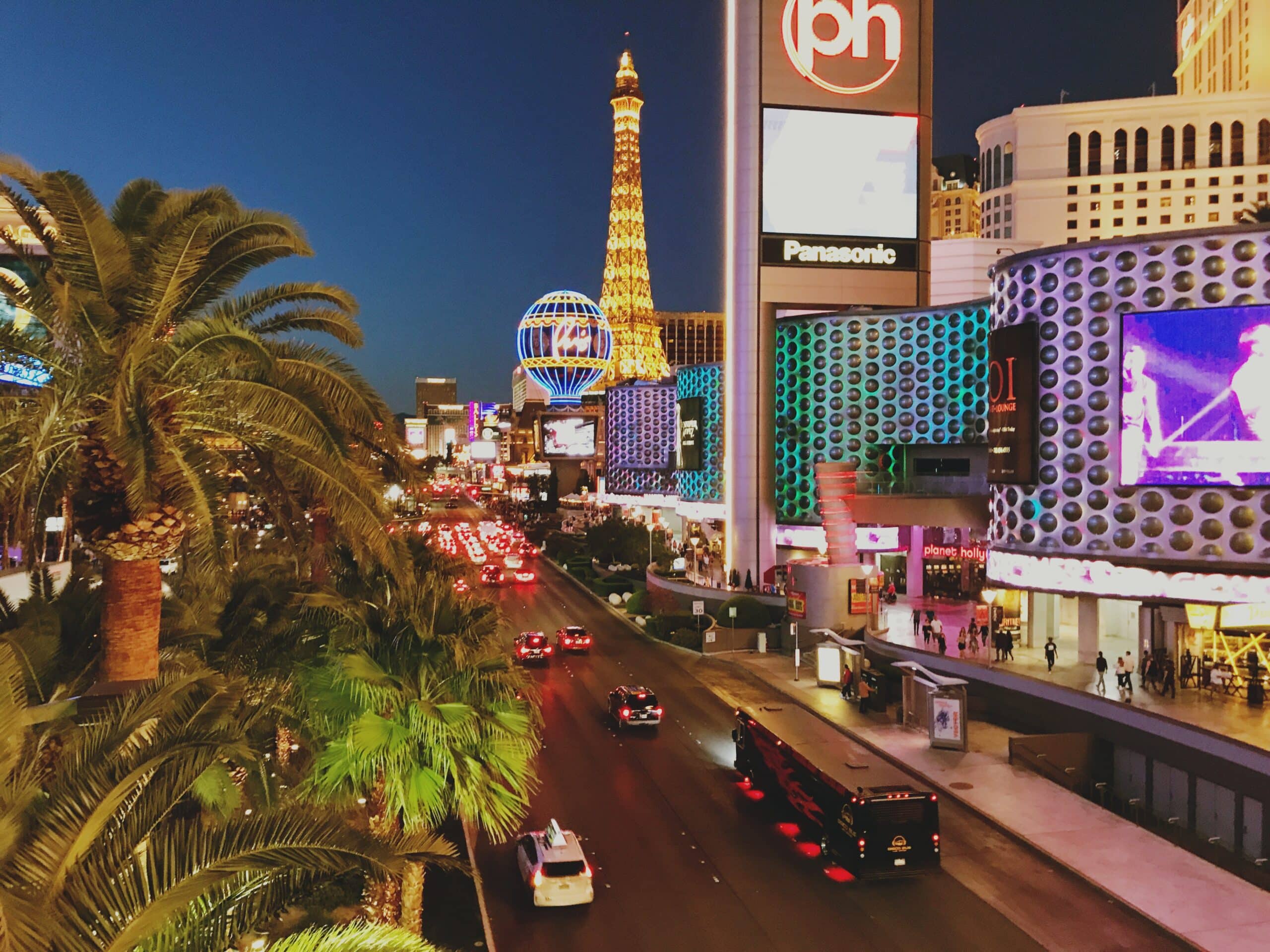 Las Vegas Strip at night near Planet Hollywood and Paris Las Vegas