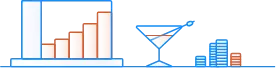 Advertising statistics icon with chart, cocktail glass, and coins