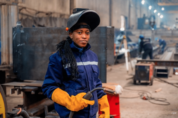 woman about to start welding